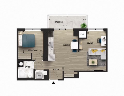 Floor plan for 1 bed, 1 bath, 639 sqft